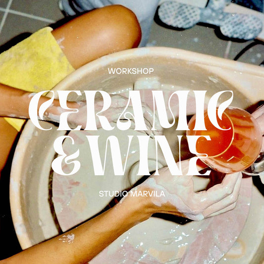 Ceramic workshop with hands working on a pot, text overlay 'Workshop Ceramic & Wine Studio Marvila'.