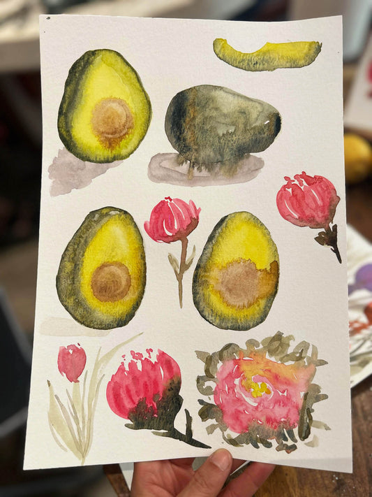Sheet of watercolor stickers featuring avocados and flowers held by a hand.