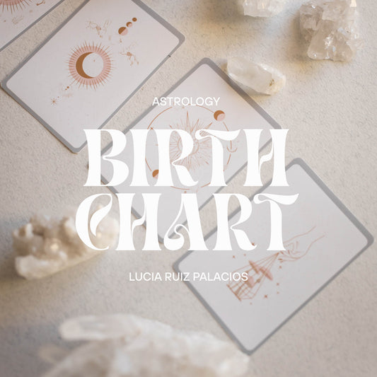 Promotional image for birth chart reading services by Lucia Ruiz Palacios, featuring cards with astrological symbols and the text 'ASTROLOGY BIRTH CHART LUCIA RUIZ PALACIOS'.