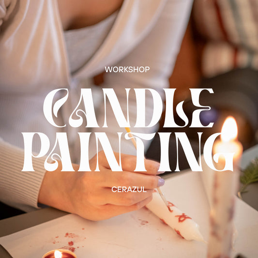 Person participating in candle painting workshop with text overlay