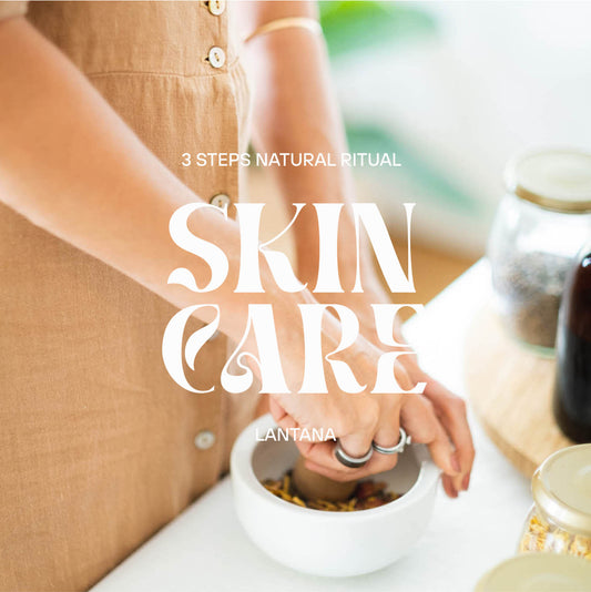 Person holding a small white bowl with '3 Steps Natural Ritual Skin Care' text overlay.
