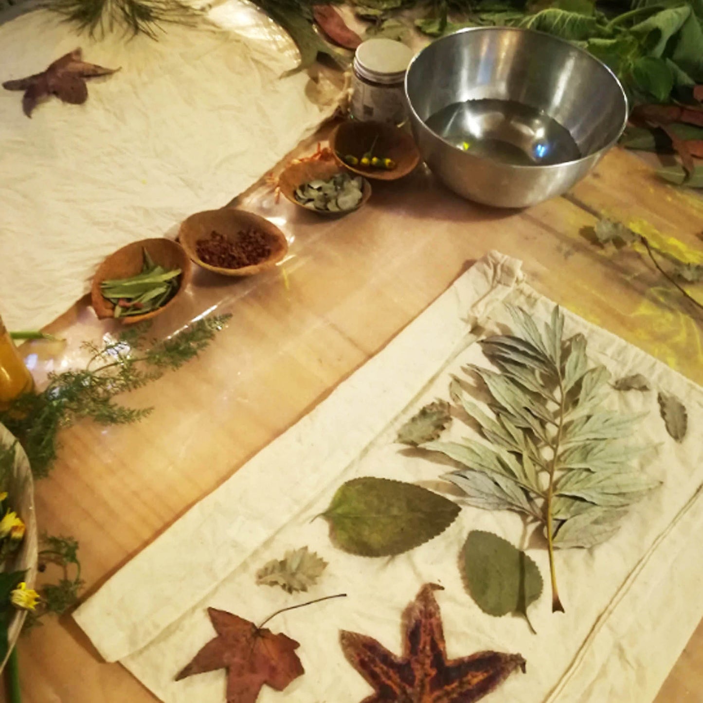 A styled flat-lay of pressed and dried leaves arranged on cream fabric sheets over a wooden table, with small bowls of botanical ingredients, a metal bowl of water, and a glass jar nearby.
