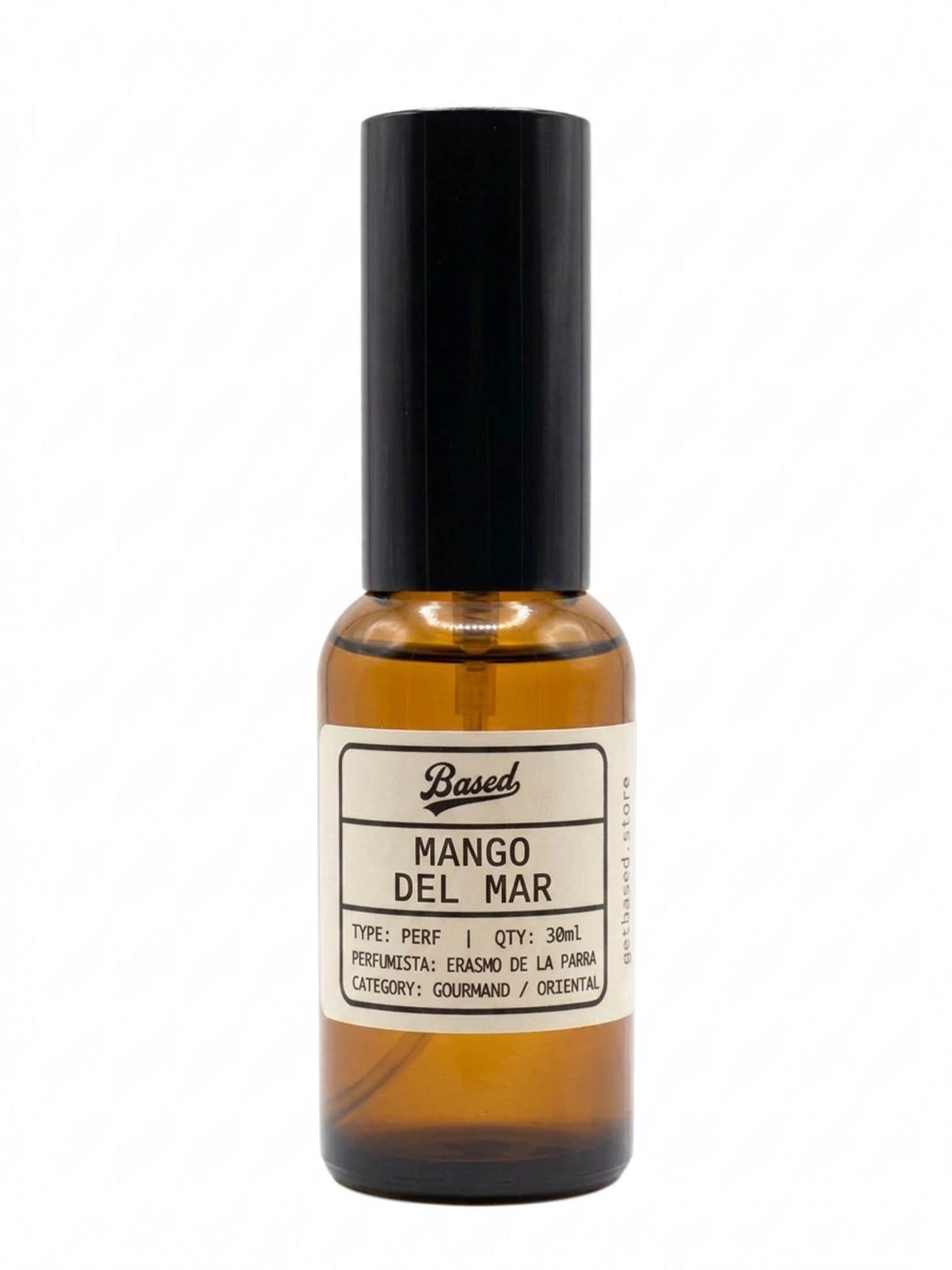 A 30ml amber spray bottle with a black cap and a cream-colored label. DIY PERFUME WORKSHOP
