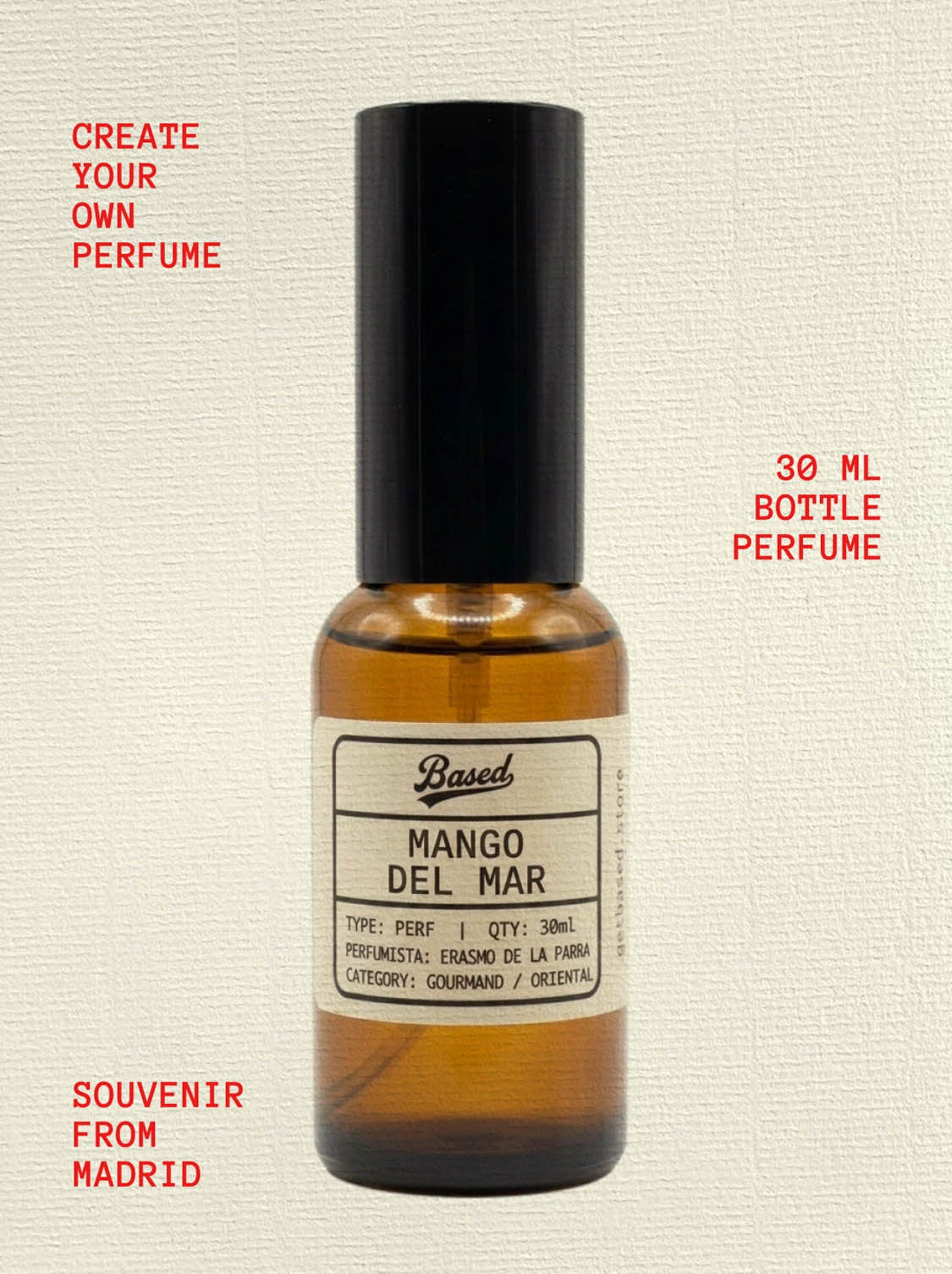 A 30 ml amber glass perfume bottle with a black cap and a cream-colored label reading 'Based MANGO DEL MAR', set against a textured beige background with red text overlays.