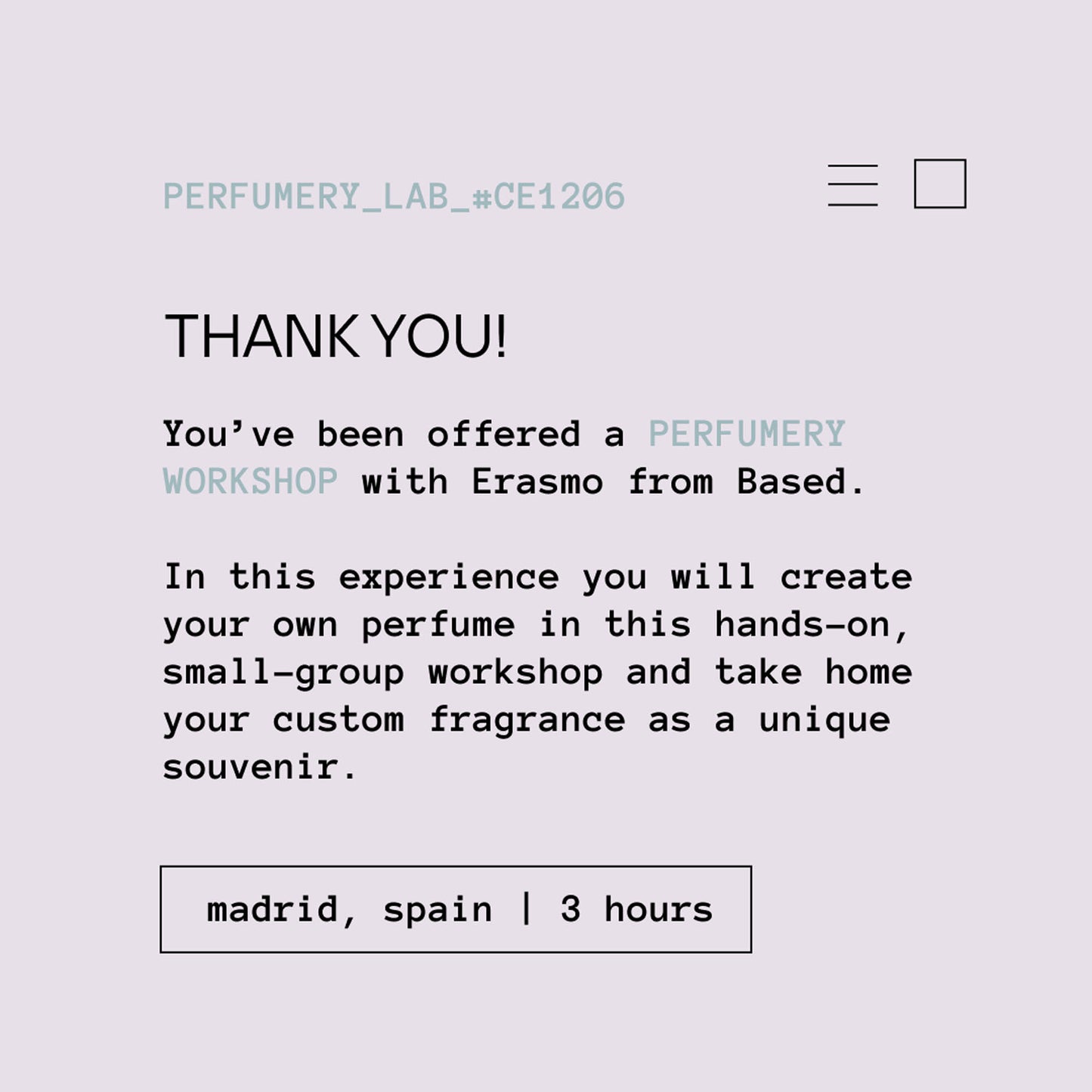 A digital Gift Experience Voucher reading 'THANK YOU!' followed by an offer for a perfume workshop with Erasmo from Based. 