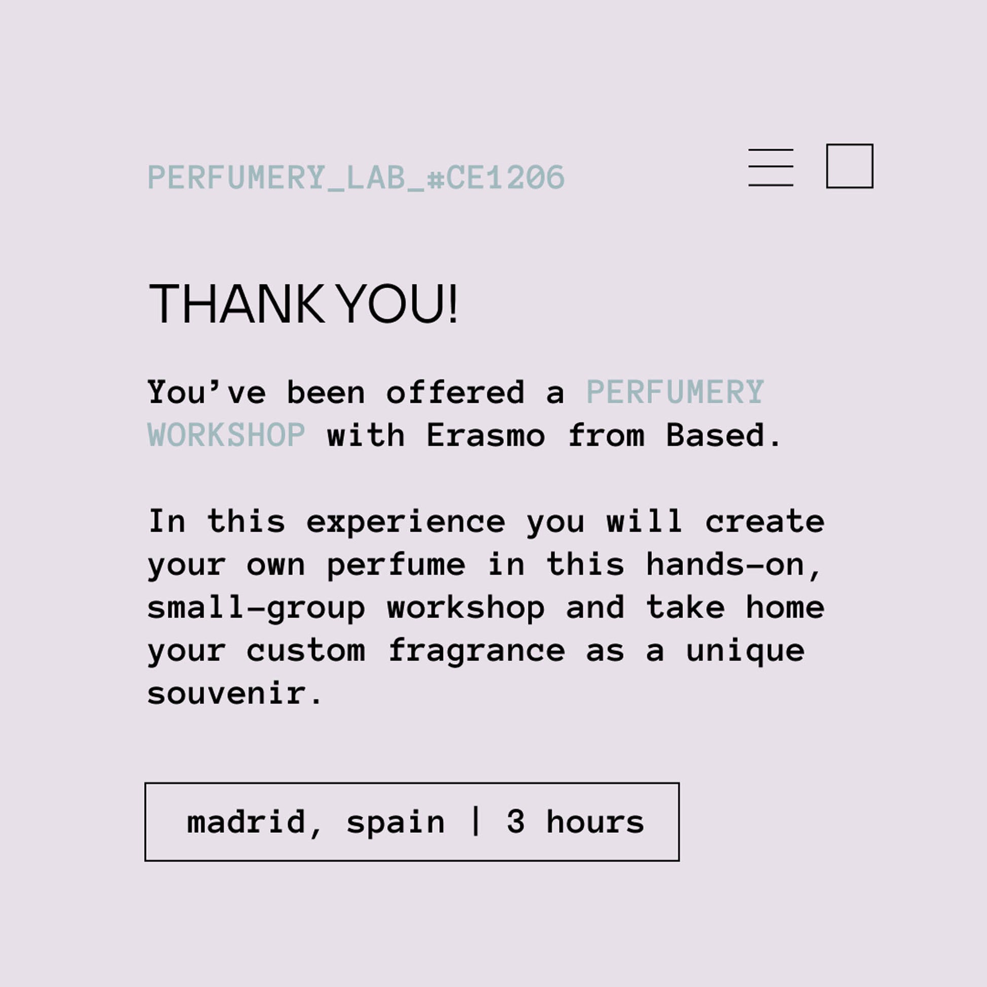 A digital Gift Experience Voucher reading 'THANK YOU!' followed by an offer for a perfume workshop with Erasmo from Based. 