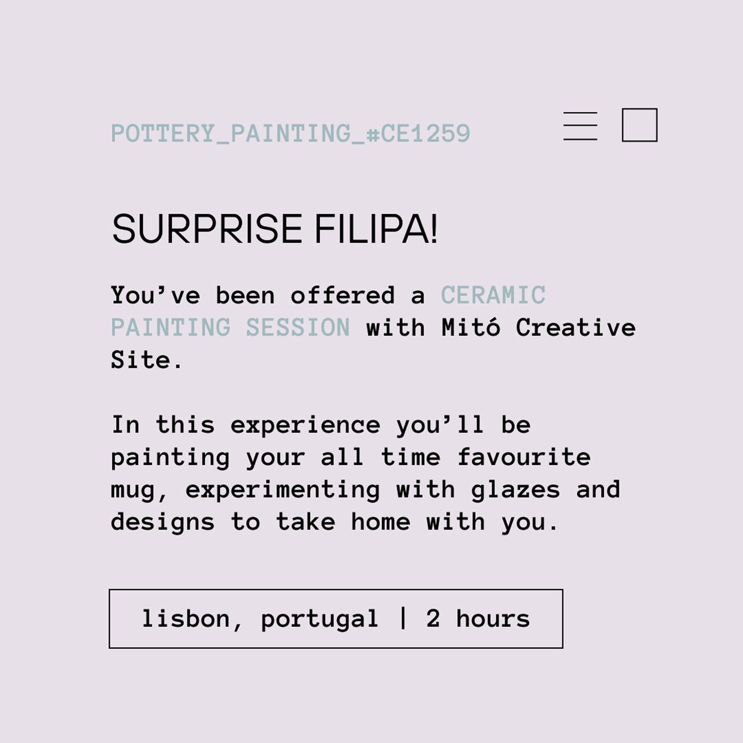 A digital voucher card for a 'Surprise Filipa!' ceramic painting session with Mito Creative Site, set against a light lavender background with black and teal text. Pottery painting workshop in Lisbon, Portugal.