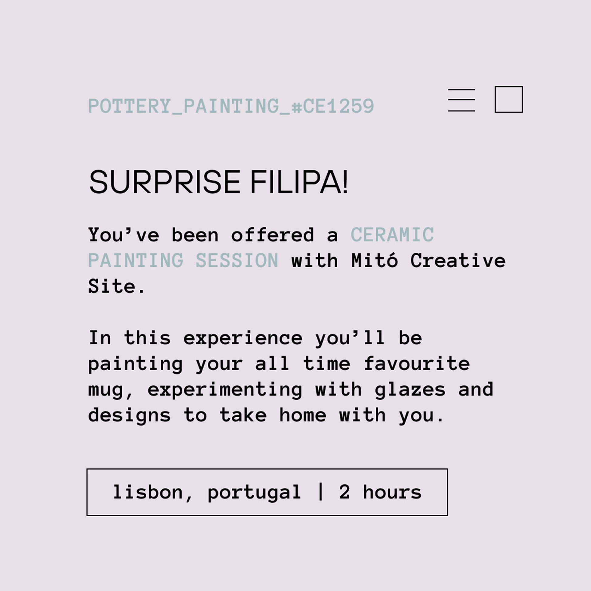 A digital voucher card for a 'Surprise Filipa!' ceramic painting session with Mito Creative Site, set against a light lavender background with black and teal text. Pottery painting workshop in Lisbon, Portugal.