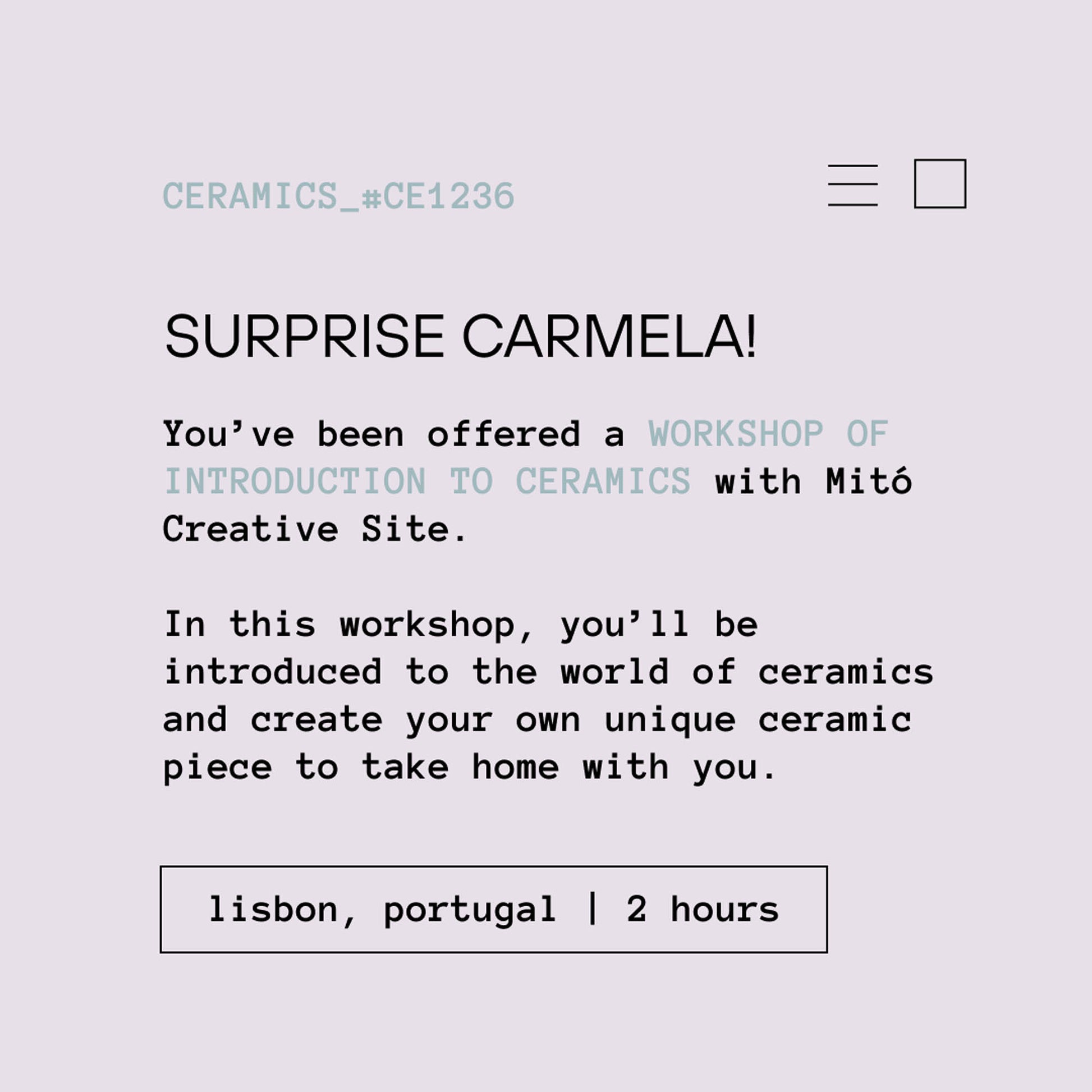 A digital voucher for a workshop of introduction to ceramics with Mitó Creative Site. Ceramic Workshop in Lisbon, Portugal.